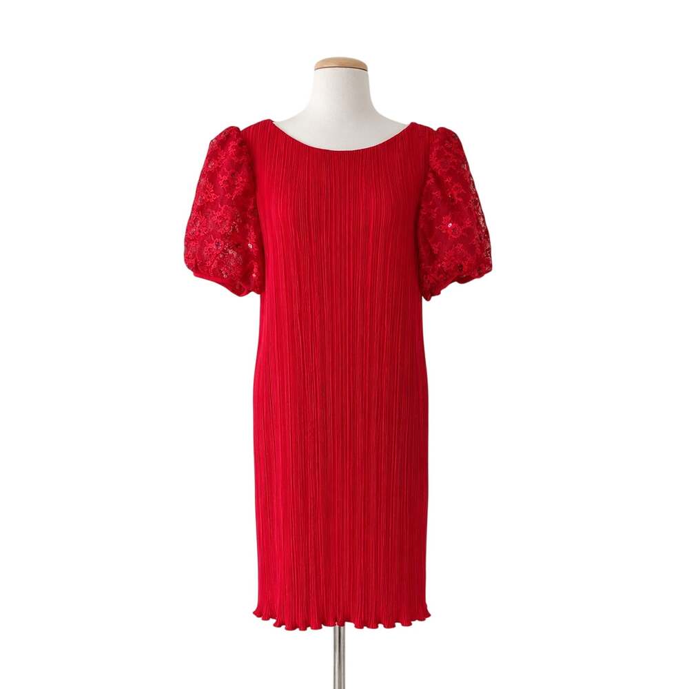 Vintage Vanna White Original Red Pleated Lace Sequin Dress 80s 90s Cocktail-Lg